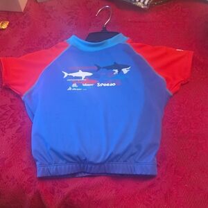 Speedo Kids Blue Rashguard with Red Sleeves and Shark Graphic